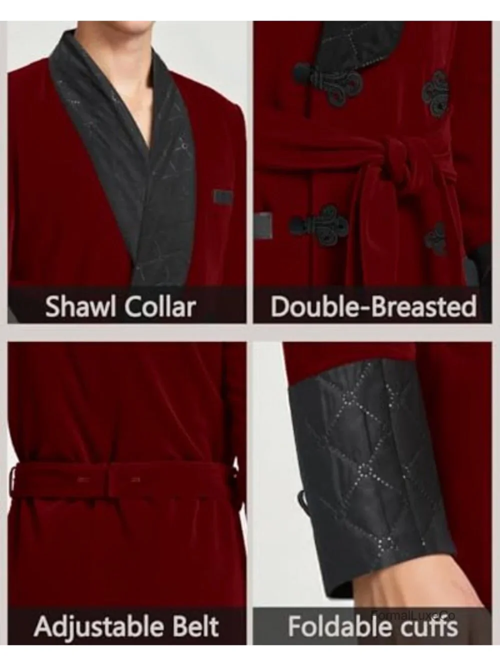 Men's Velvet Smoking Jacket Quilted Lapel Double Breasted Long Coat with Belt